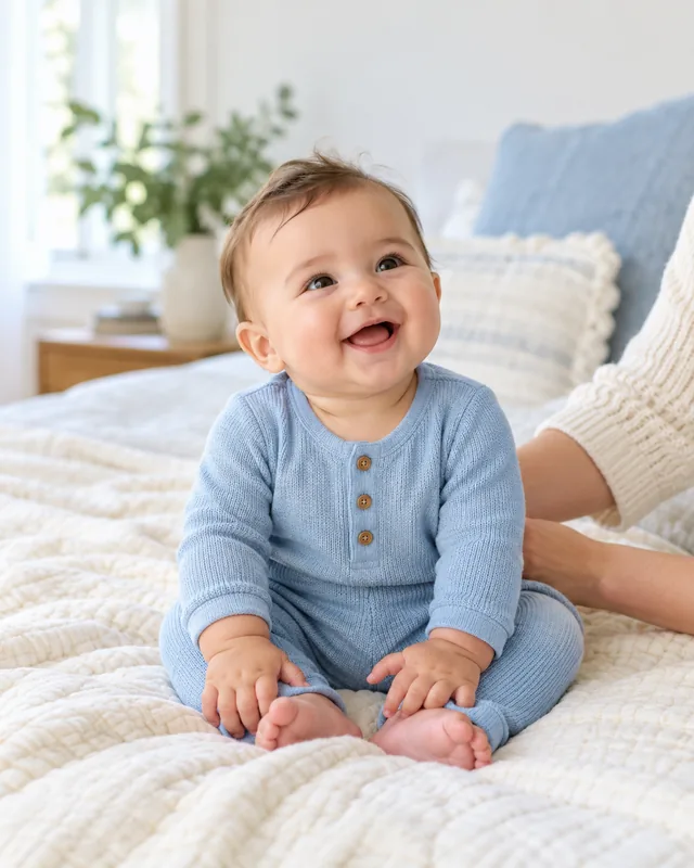 A smiling baby seated with a caregiver's gentle support